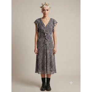 Vtg 90s Leopard Print Ruffle Midi Dress Sz 10 Grunge Gray Whimsigoth JBS Limited